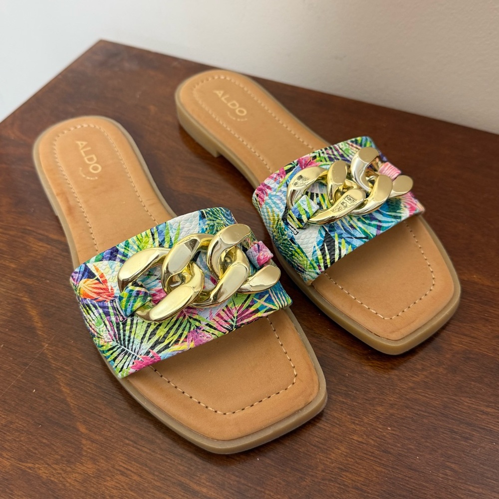 New Aldo colorful faux leather tropical print single strap slide sandals size 8